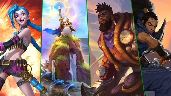 collage van kleurrijke league of legends personages in verschillende stijlen